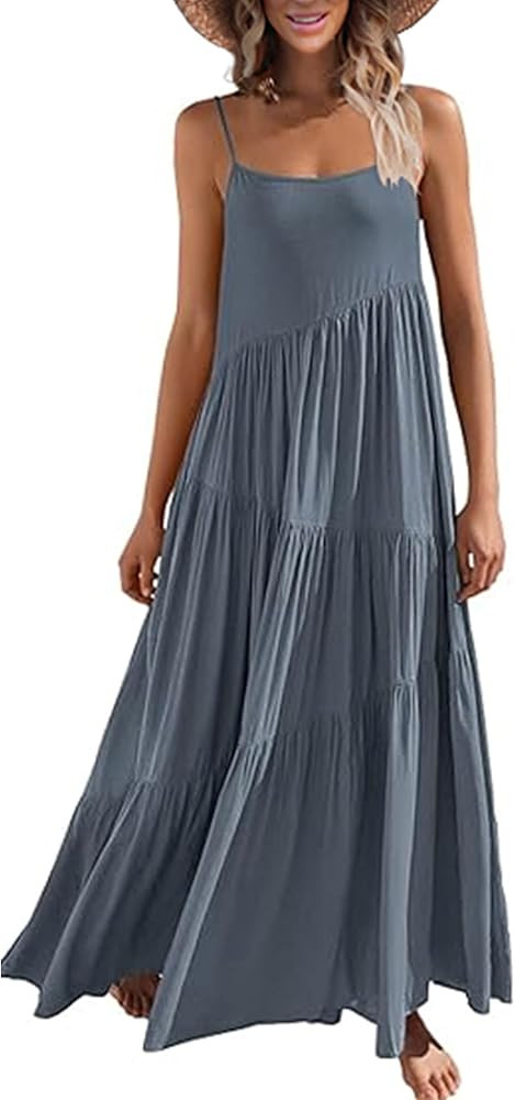 ECOWISH Women Sleeveless Maxi Dress: Summer Spaghetti Strap Casual Loose Boho Beach Dress Asymmet... | Amazon (US)