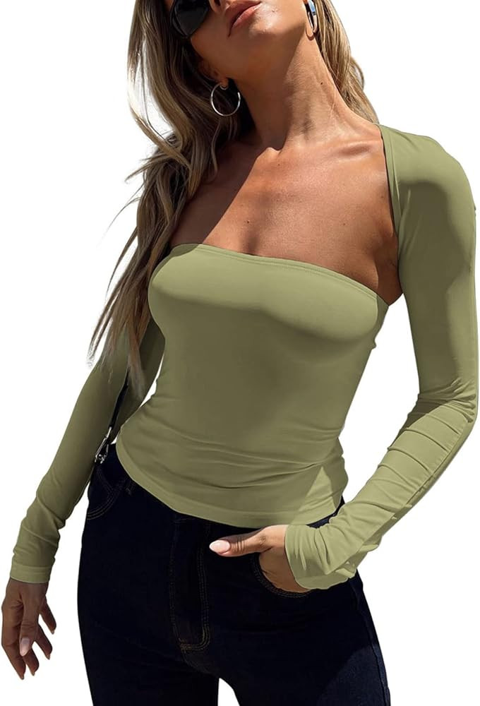 Dokotoo Womens Sexy Strapless Cami Tank Tops and Long Sleeve Crop Top Shrug Set Cut Out Shirts 2 ... | Amazon (US)