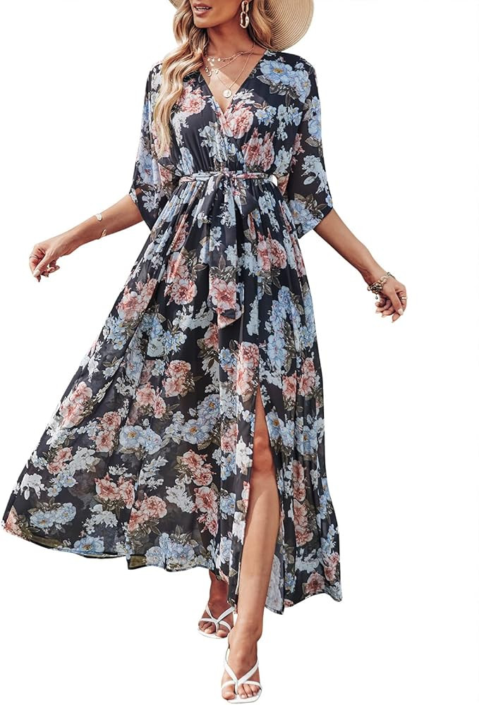 ANRABESS Womens 1/2 Sleeve Beach Wedding Guest Maxi Dresses 2026 Summer Wrap V Neck Boho Floral F... | Amazon (US)