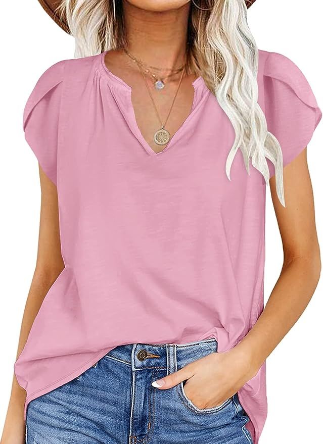 Kikula Womens Ruffle Sleeve Tops Summer Cute Cap Sleeve Casual Sleeveless V Neck T Shirts S-2XL | Amazon (US)