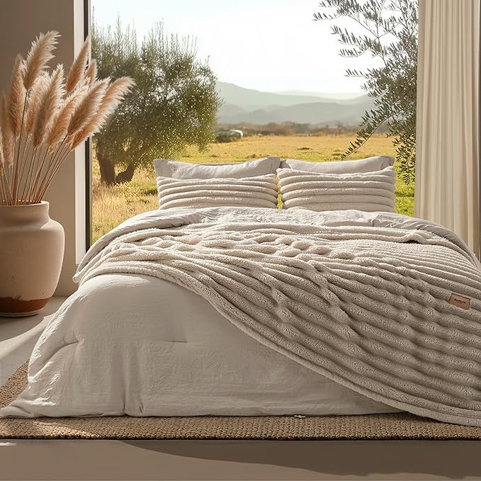 Bedsure Gentlesoft 2-in-1 Queen Comforter Set and Detachable Fluffy Blanket, Beige Bedding Set fo... | Amazon (US)