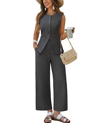 Women's Sleeveless Button Front Wide Leg Pants Matching Set | Macy's