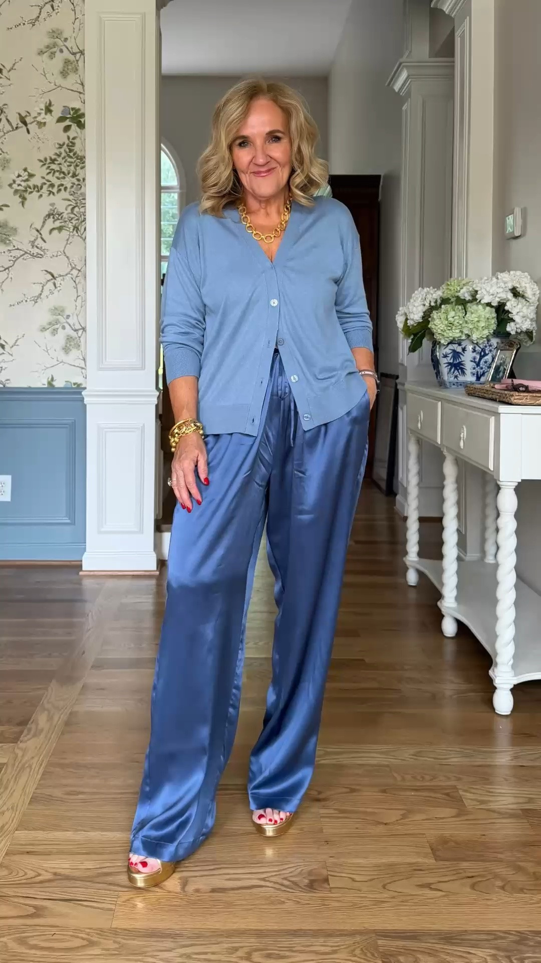 This soft blue cardigan and satin wide-leg pants are such a beautiful combination. The relaxed cardigan keeps the silky pants feeling effortless, creating a polished look that’s comfortable enough for everything from dinner to a special occasion.

💡 LTK MADE EASY
❤️ Heart = Support my posts!
🔖 Save = Get sale & restock alerts
📋 Lists = Keep favorites organized
📲 Share = Send lists and products to a friend. Hello, Christmas List!
💬 Comment = Ask me anything about what I'm wearing.:-)

#LTKootd #LTKWedding #LTKOver40