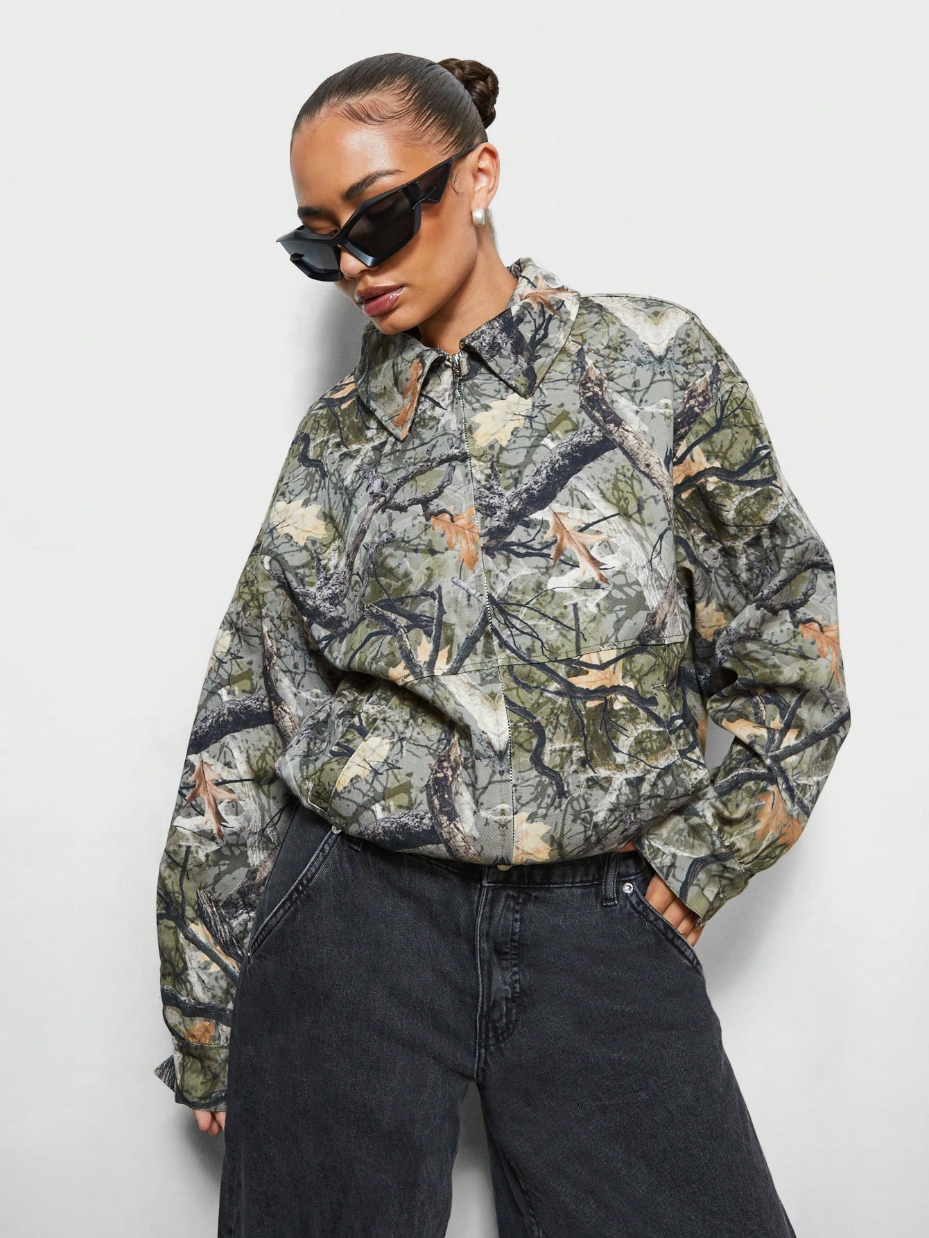 SUMWON WOMEN All Over Printed Twill Blouson Jacket,Ladies Winter Casual Drop Shoulder Collar Over... | SHEIN