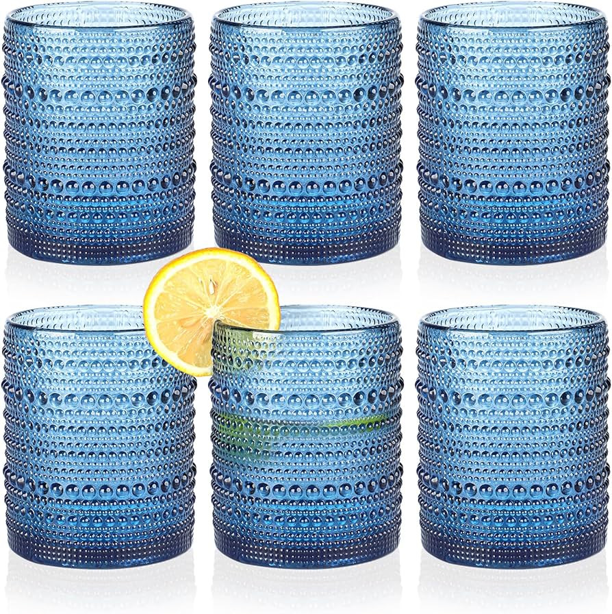 KMIGRUAN Hobnail Drinking Glasses Set of 6,12oz Blue Vintage Glassware,Cocktail Glasses,Embossed ... | Amazon (US)