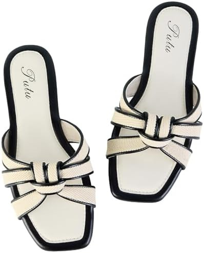 Putu Women's Flat Sandals Square Toe Slide Sandals Braided Sandals for Vacation | Amazon (US)