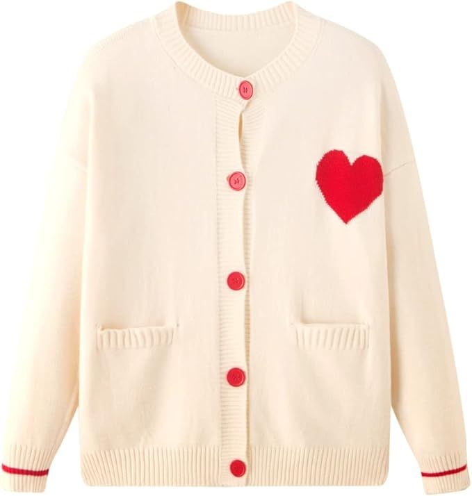 FindThy Women's Cute Cardigan Sweater Kawaii Love Heart Print Y2K Button Knitted Outerwear(0335-0... | Amazon (US)