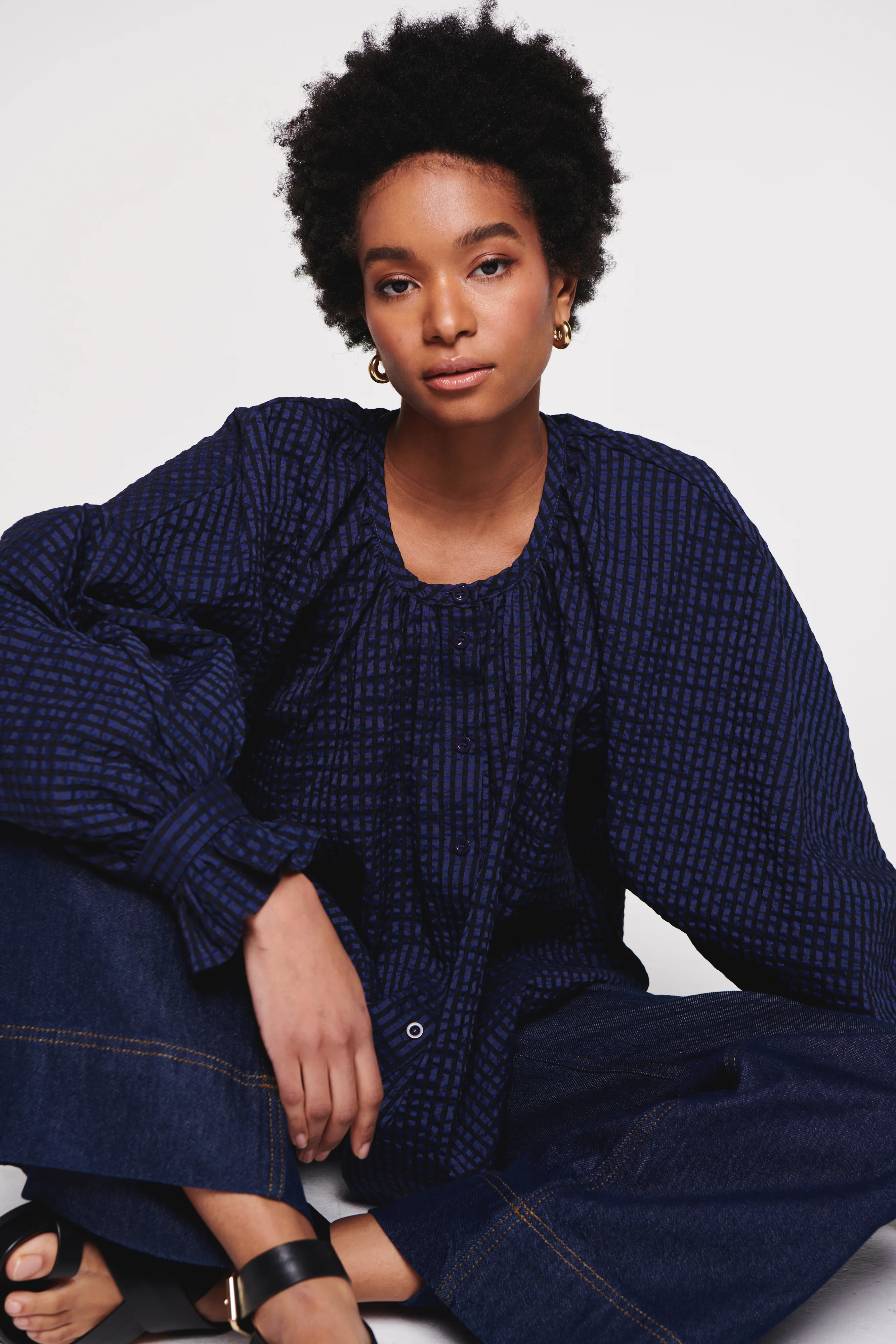 Holla | Poet Sleeve Blouse in Navy Seersucker | ALIGNE | Aligne UK