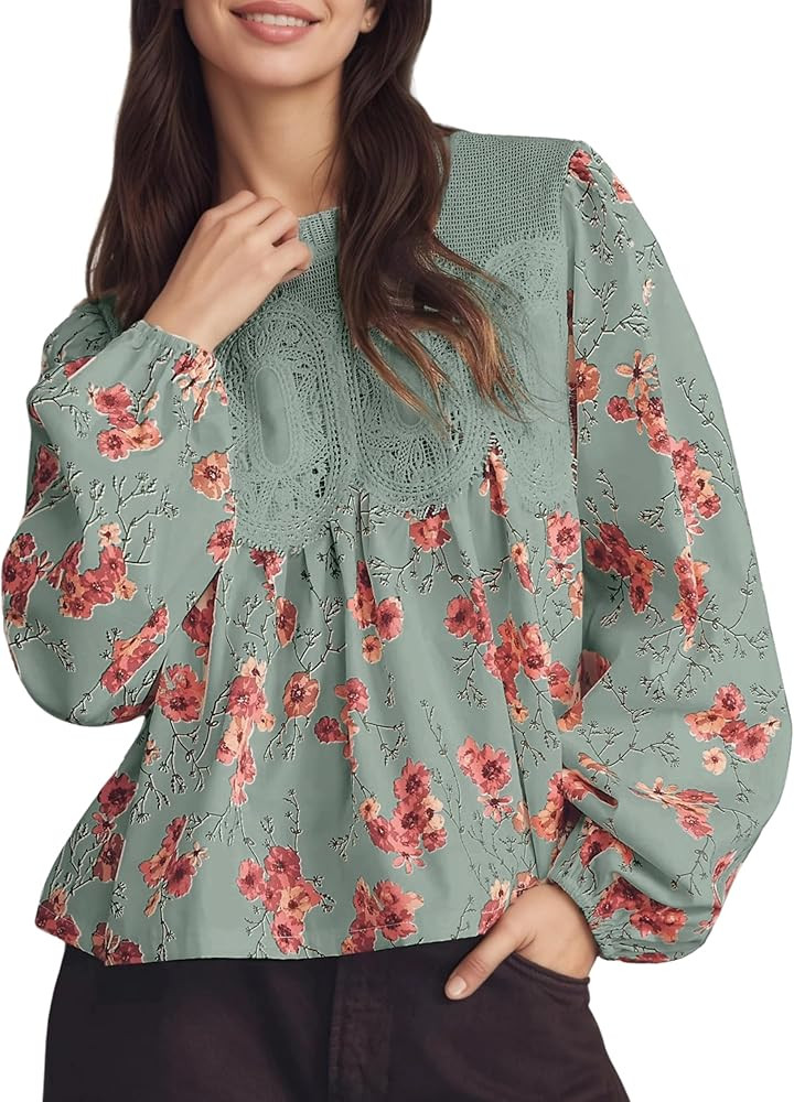 PUWEI Womens Floral Print Lace Blouses Long Sleeve Crew Neck Lace Mesh Poplin Swing Babyboll Tops... | Amazon (US)