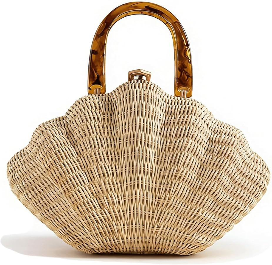 Shell Purse Rattan Seashell Shape Clutch Bag Small Coastal Top Handle Coquille Handbag for Women ... | Amazon (US)