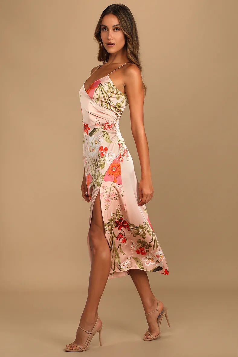 Remarkable Entrance Pink Floral Print Satin Midi Dress | Lulus (US)