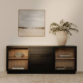 Corwin Black and Natural Ash Wood 75 in. Sideboard with Glass Doors and Adjustable Shelves | The Home Depot