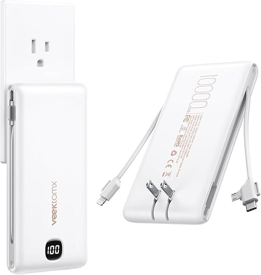 VEEKTOMX Portable Charger with Built in Cables 10000mAh, Power Bank for iPhone with Wall Plug, Tr... | Amazon (US)