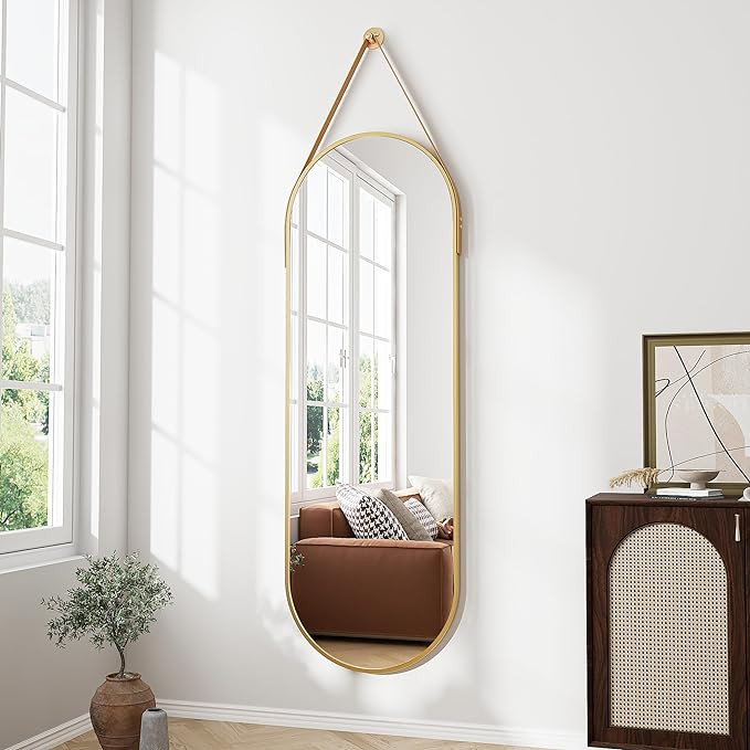 Full Length Mirror, Oval Wall Mounted Mirror, 48"x16" Door Mirrors with Hanging Leather Strap, Wa... | Amazon (US)