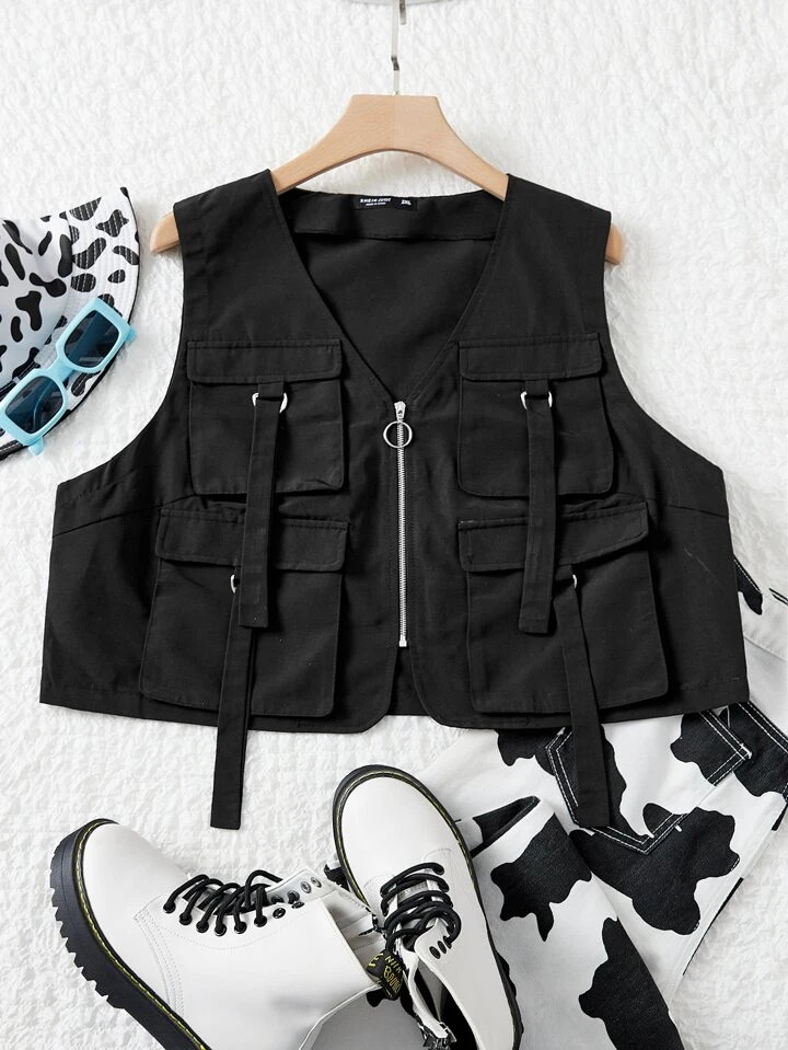 SHEIN Coolane Plus O-ring Zipper Flap Pocket Vest Jacket | SHEIN