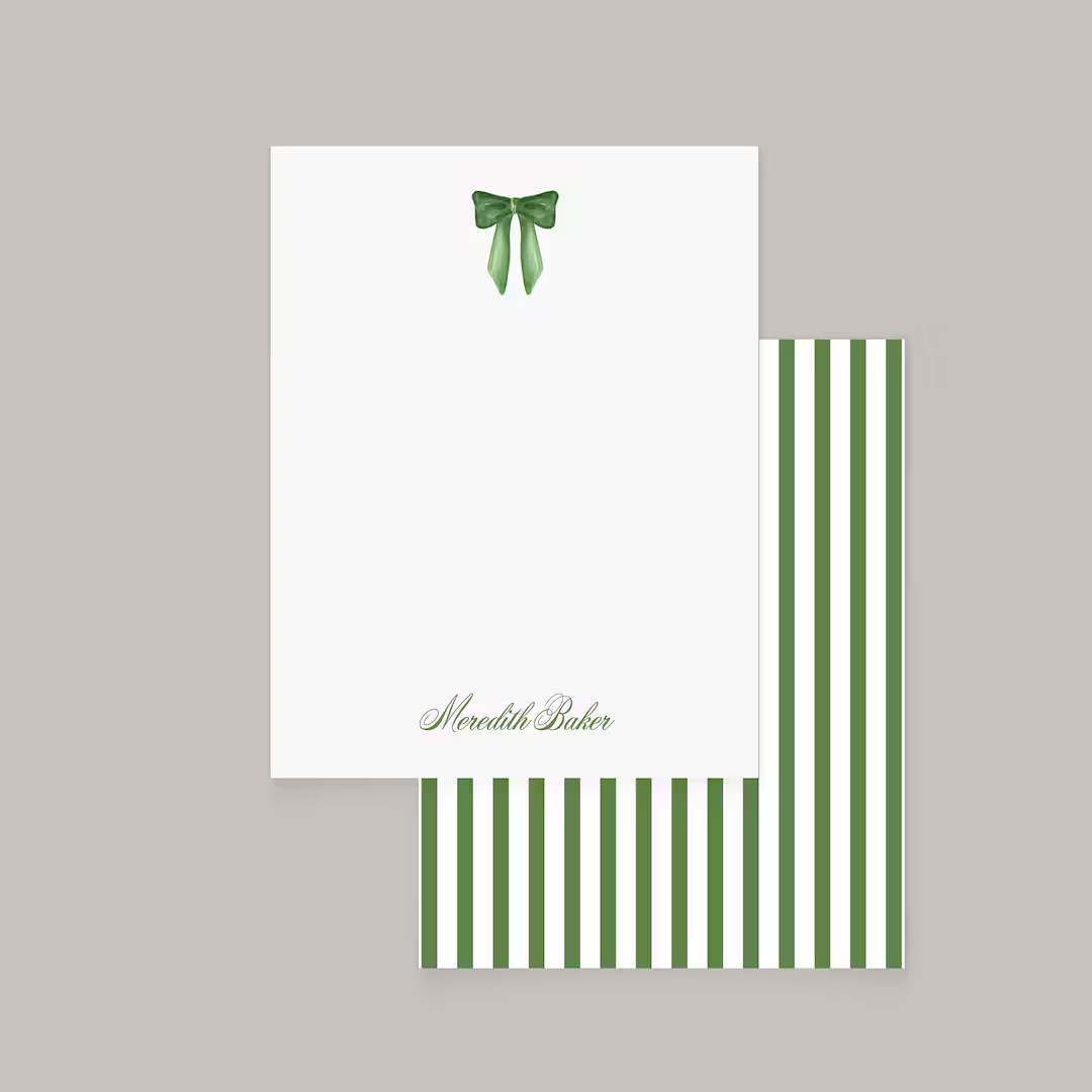 Green Bow & Preppy Pinstripe Stationery Set, Personalized Notecard, Luxury Stationery Sets for Le... | Etsy (US)
