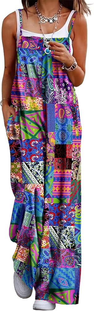 YESNO Women's Summer Boho Casual Jumpsuits Wide Leg Overalls Floral Print Baggy Rompers with Pock... | Amazon (US)