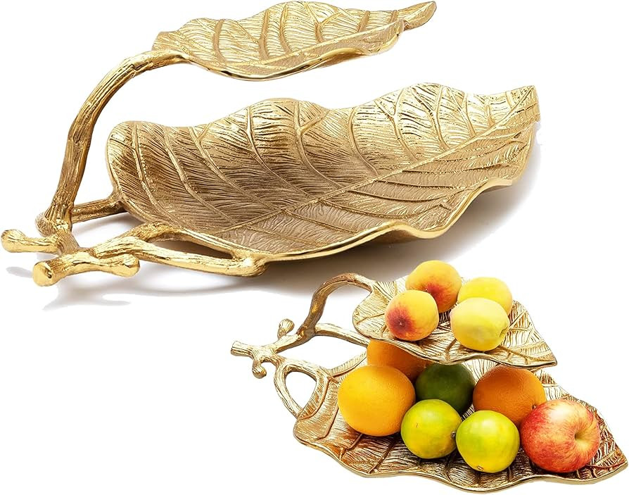 GUTE Large Decorative Gold Leaf 2 Tier Serving Centerpiece Tray for Fruits, Appetizers, Meat, Fis... | Amazon (US)