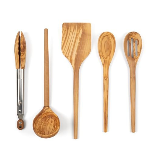 Salt & York 5-piece Olive Wooden Kitchen Utensil Set - Includes Turner, Tongs, Slotted Spoon, Ladle, and 12" Spoon - Best Wooden Spoons for Cooking - Ideal for Nonstick Cookware | Amazon (US)