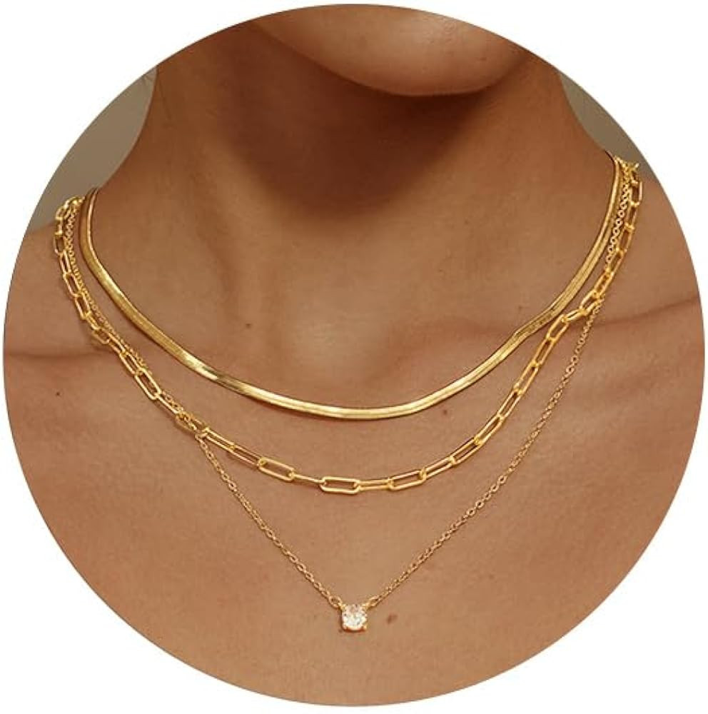 MBW Gold Layered Set Necklaces for Women, Dainty 14K Gold Plated Layered CZ Pendant Necklaces Sim... | Amazon (US)