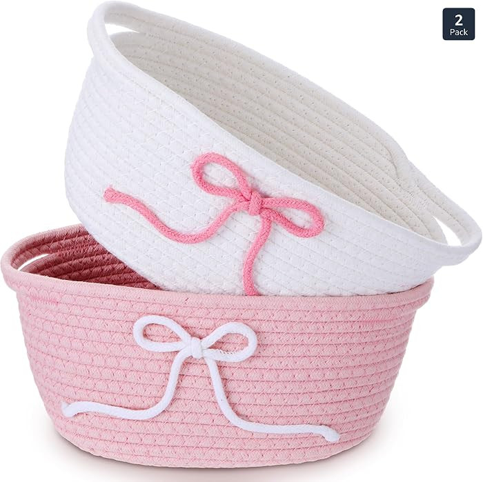 Glooglitter 2 Pcs Pink Bow Storage Baskets Woven Cotton Rope Laundry Hamper with Handles for Home... | Amazon (US)