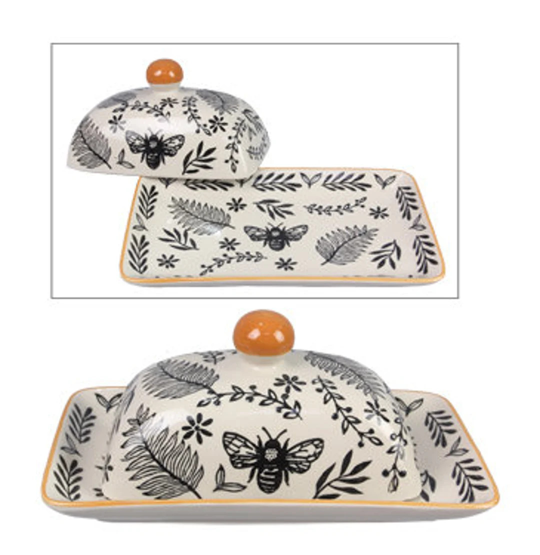 stoneware black and natural white botanical butter dish with lid terracotta accent | Etsy (US)