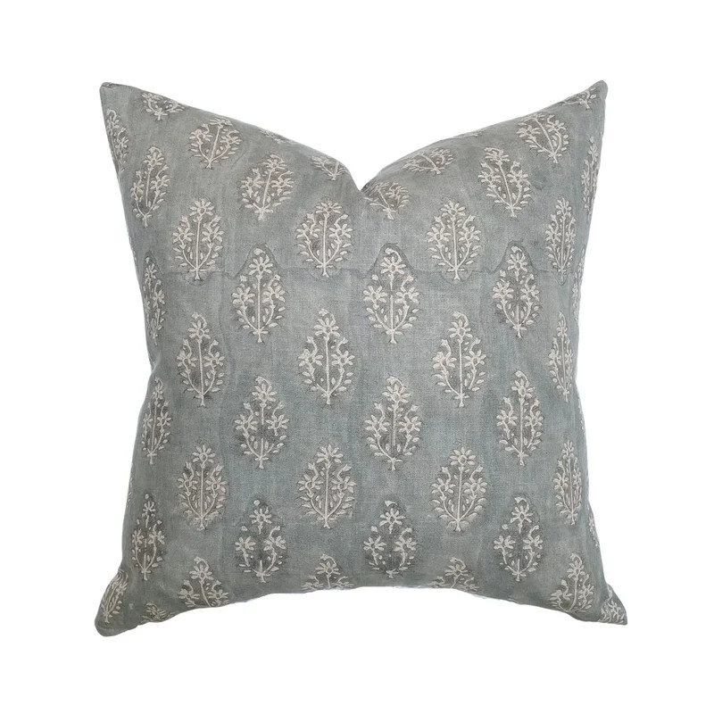 Silas | Muted Blue Floral Handblock Pillow Cover | Linen and James