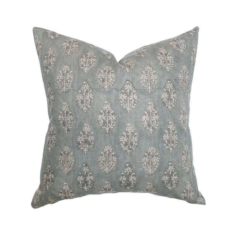 Silas | Muted Blue Floral Handblock Pillow Cover | Linen & James