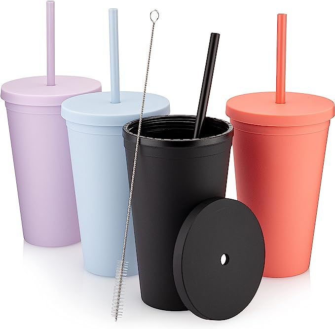 Tumblers with Lids (4 pack) 16oz Colored Acrylic Cups with Lids and Straws | Double Wall Matte Pl... | Amazon (US)