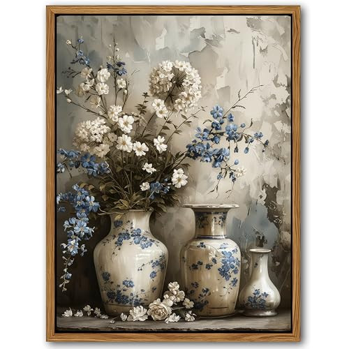 Floating Framed Farmhouse Floral Canvas Wall Art, Vintage Blue and White Flower Pictures Wall Decor, Elegant Art Jar Posters Print for Living Room Bedroom Bathroom Rustic Decor 8x10 inch | Amazon (US)