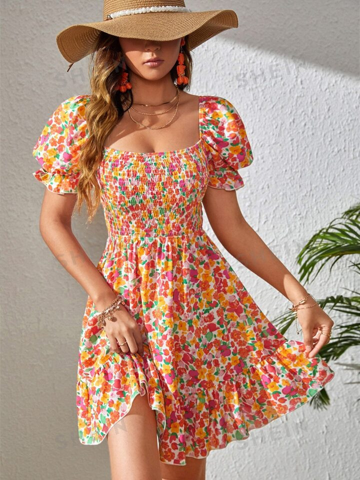 SHEIN WYWH Floral Print Puff Sleeve Shirred Tie Backless Dress | SHEIN