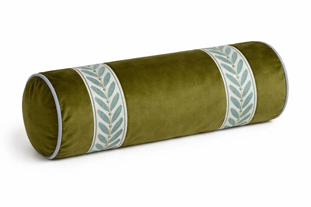 Moss Green Velvet Bolster Pillow | Blue Laurel Trim & Light Blue Piping | Designer Round Bolster ... | Etsy (US)