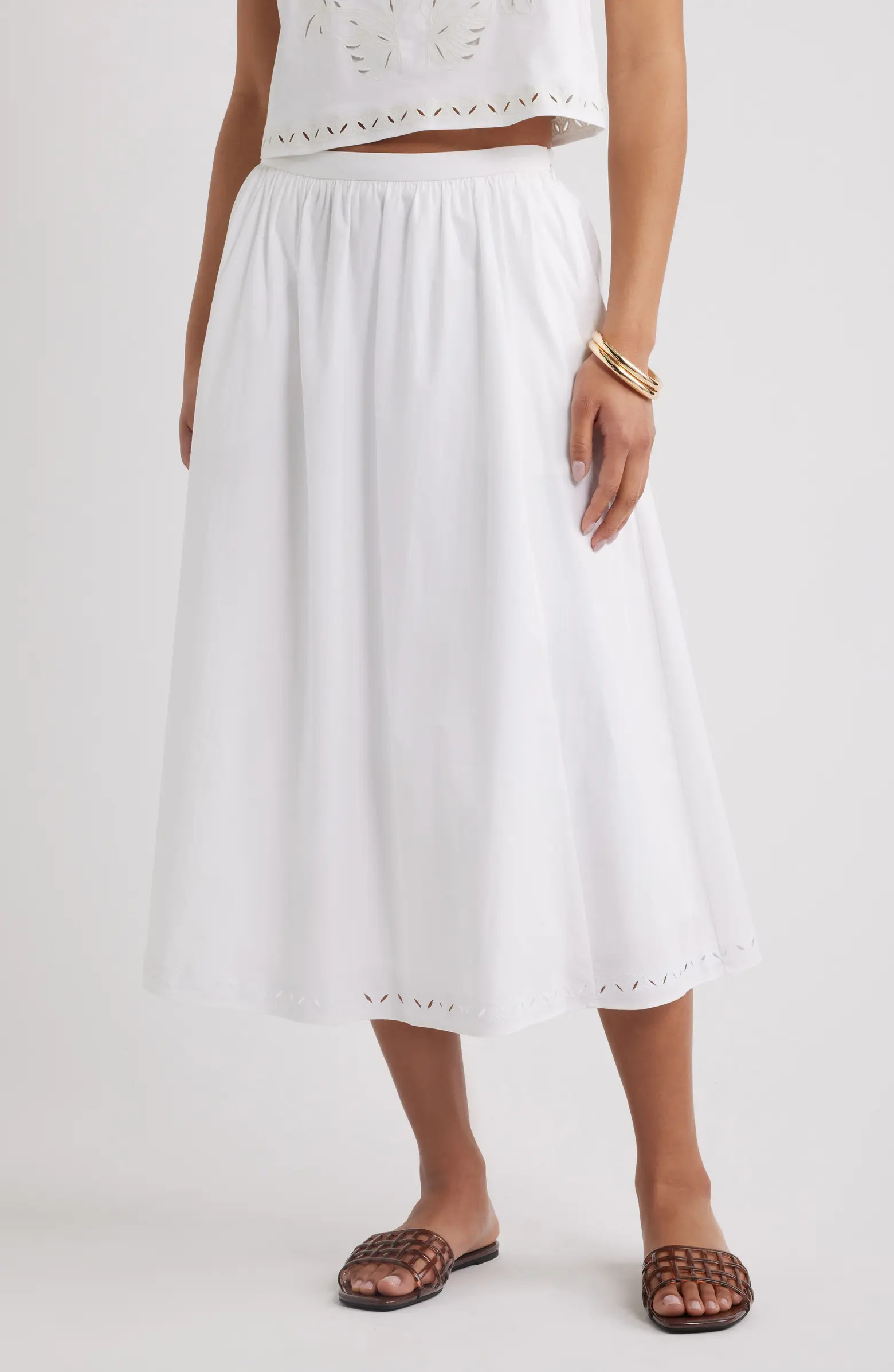 Open Edit Embroidered Stretch Cotton Poplin Midi Skirt | Nordstrom | Nordstrom