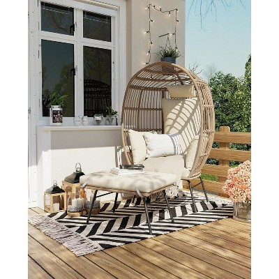 Oversize Wicker Egg Chair With Ottoman, Egg Lounge Chair With Thick Cushion, Comfy Egg Rattan Seat for Indoor Outdoor Patio Porch Backyard, Beige | Target