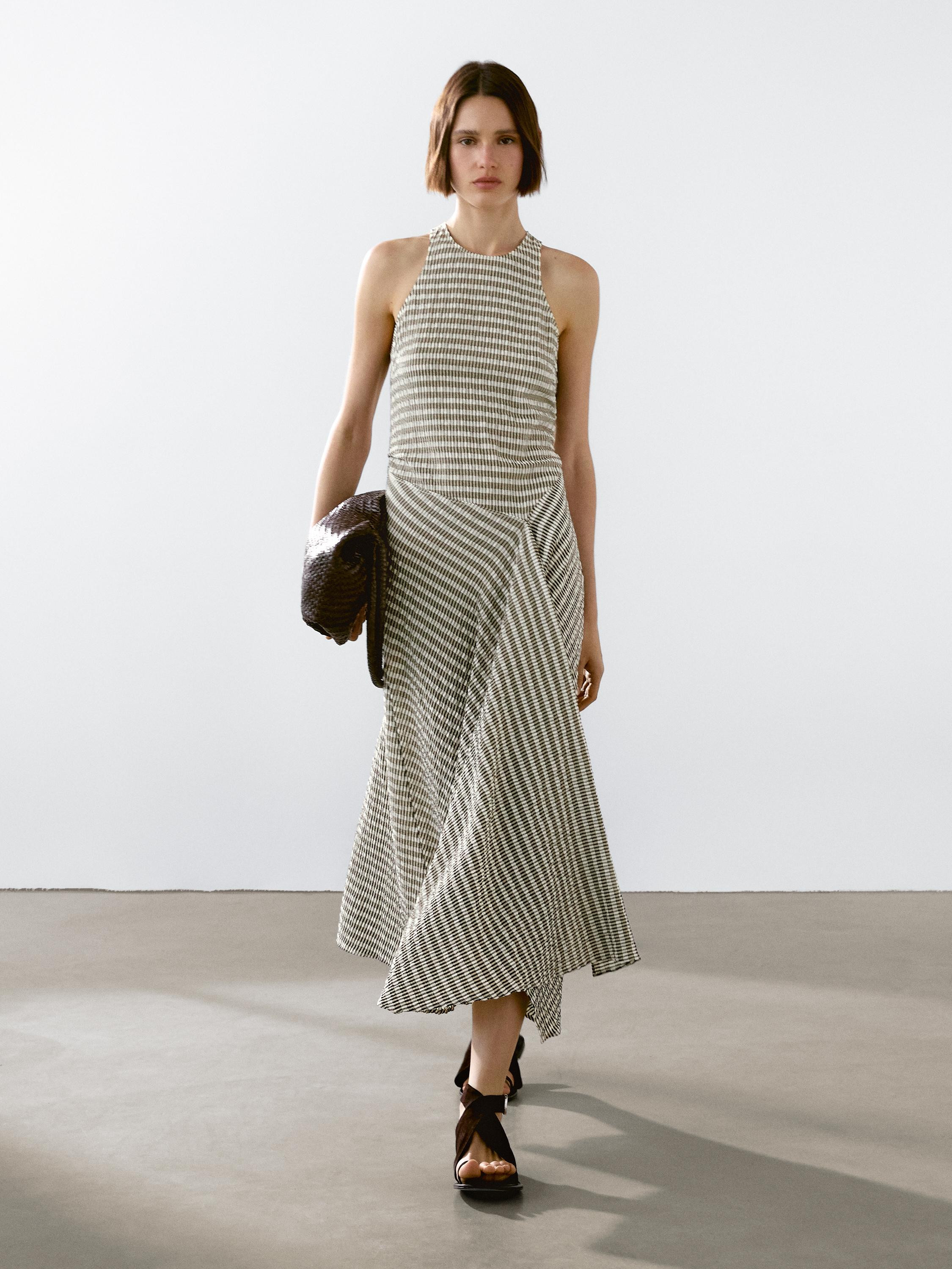 Long check cotton flounce dress | Massimo Dutti UK