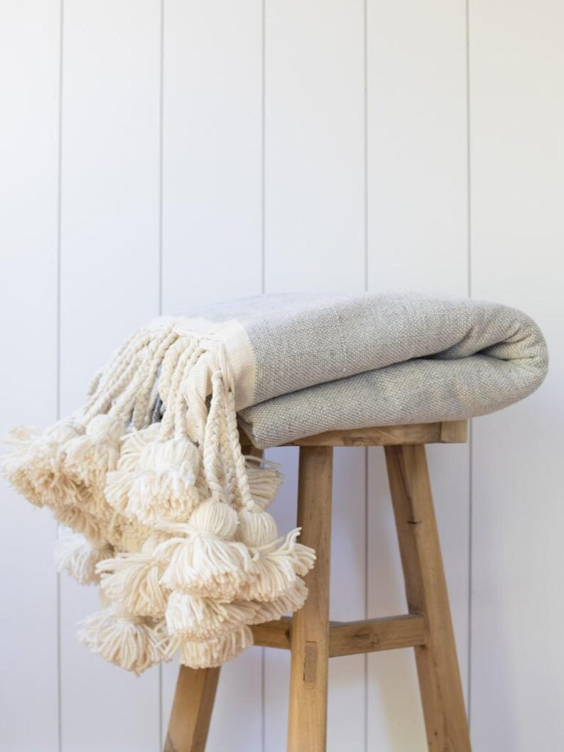 Moroccan Black PomPom Blanket Cotton Throw Blanket with Tassels | Hand Woven Cotton Duvet Cover B... | Etsy (US)