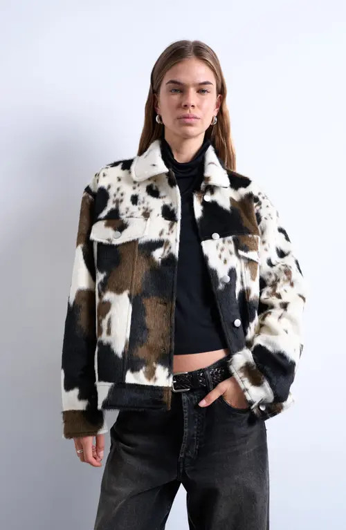 Topshop Cow Print Faux Fur Western Trucker Jacket in Black at Nordstrom, Size X-Small | Nordstrom
