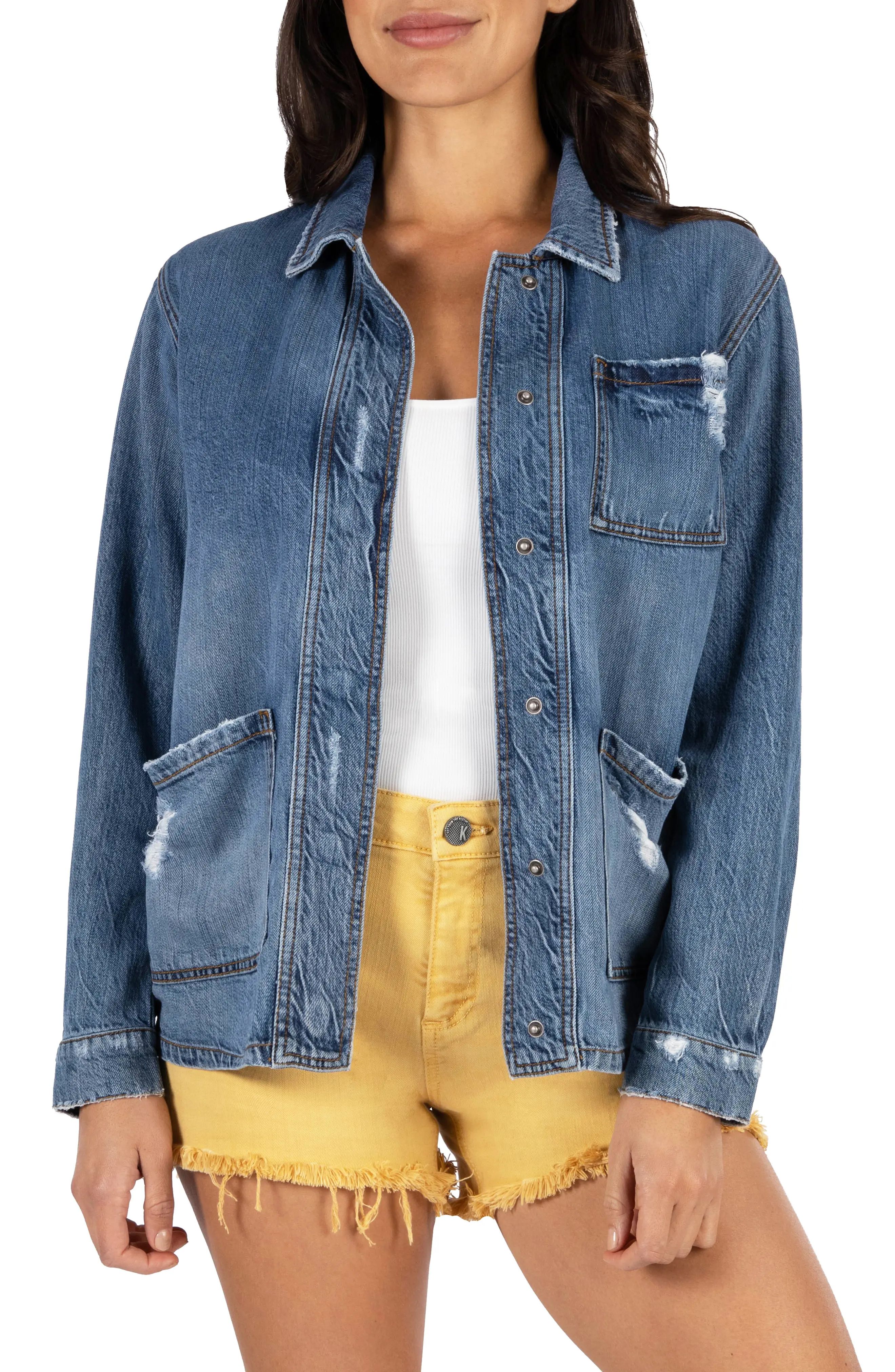 Women's Kut From The Kloth Distressed Denim Utility Jacket, Size Small - Blue | Nordstrom