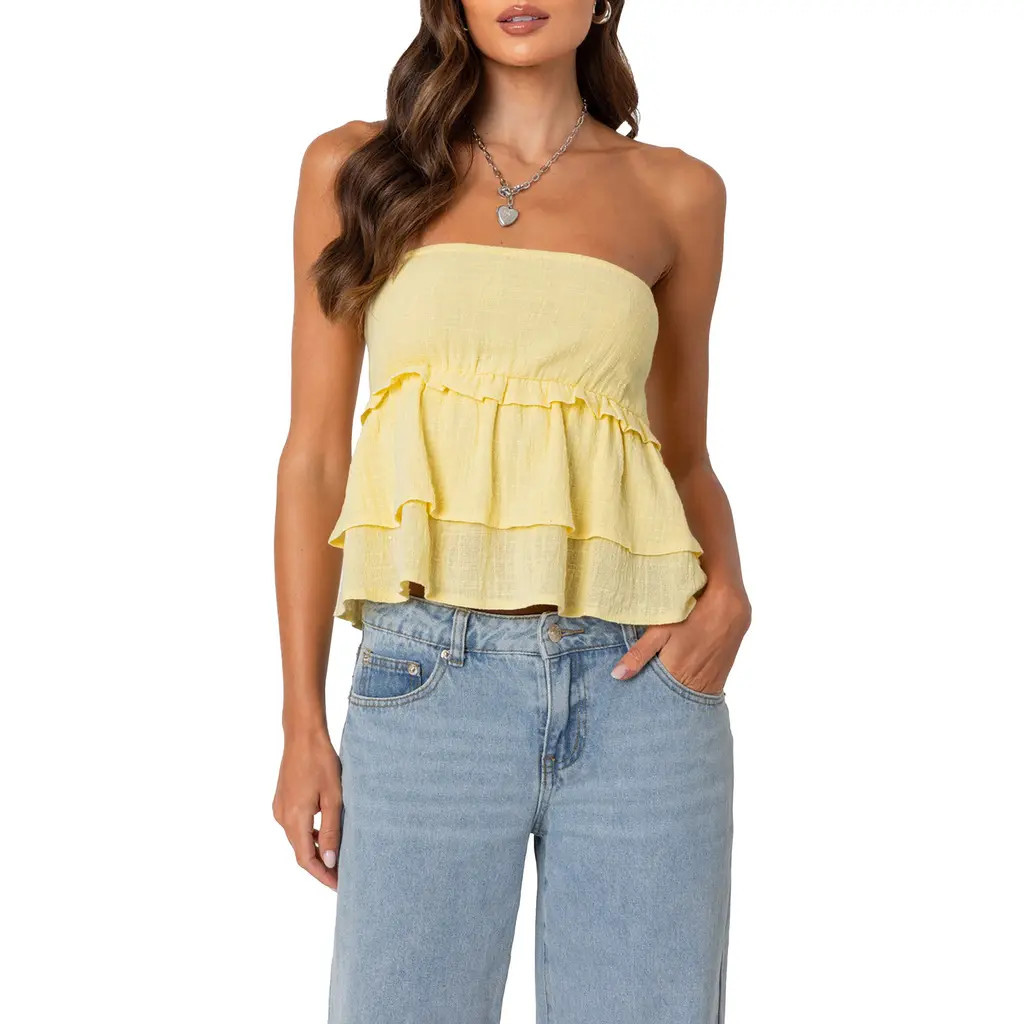 EDIKTED Smocked Ruffle Strapless Top in Yellow at Nordstrom, Size X-Small | Nordstrom