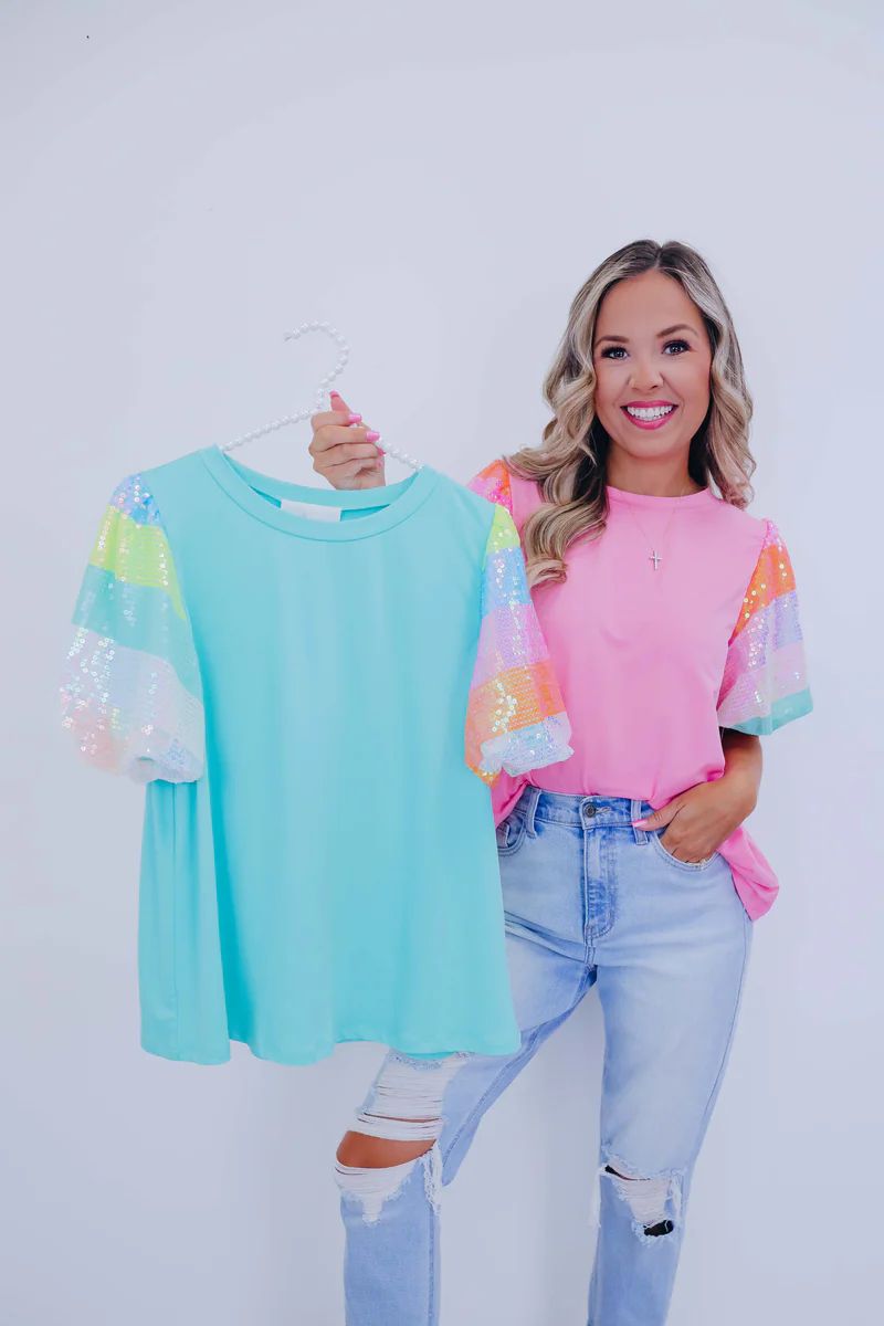 Over The Rainbow Sequin Sleeve Top - 2 Colors | Whiskey Darling Boutique