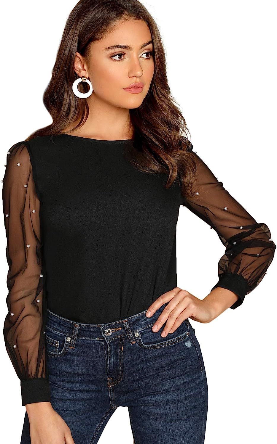 Floerns Women's Pearl Sheer Mesh Long Sleeve Tops Blouse | Amazon (US)