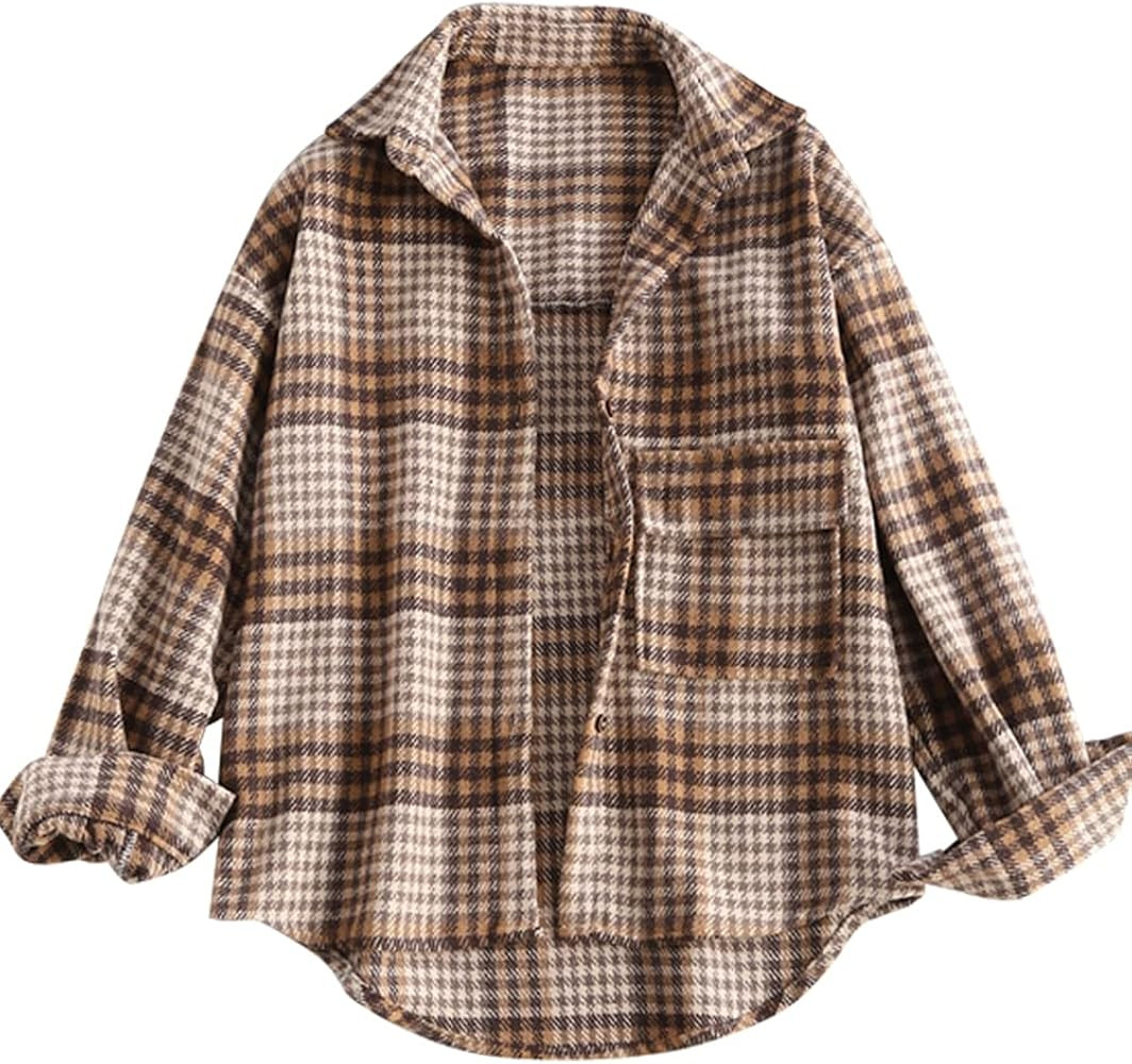 ZAFUL Women's Plaid Long Sleeve Shirt Button Down Thin Jacket Casual Flannel Plaid Shacket with P... | Amazon (US)