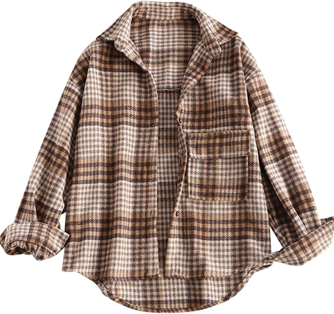 ZAFUL Women's Plaid Long Sleeve Shirt Button Down Wool Blend Thin Jacket Casual Blouse Tops with Poc | Amazon (US)
