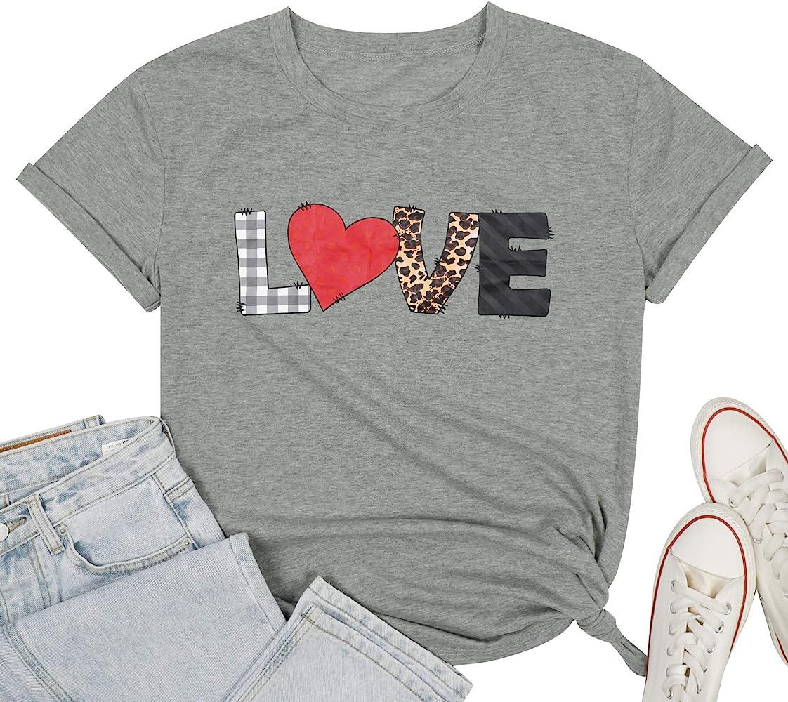 Love Valentine's Day Shirt Women Heart Graphic Tee Shirt Plaid Leopard Print Casual Short Sleeve ... | Amazon (US)