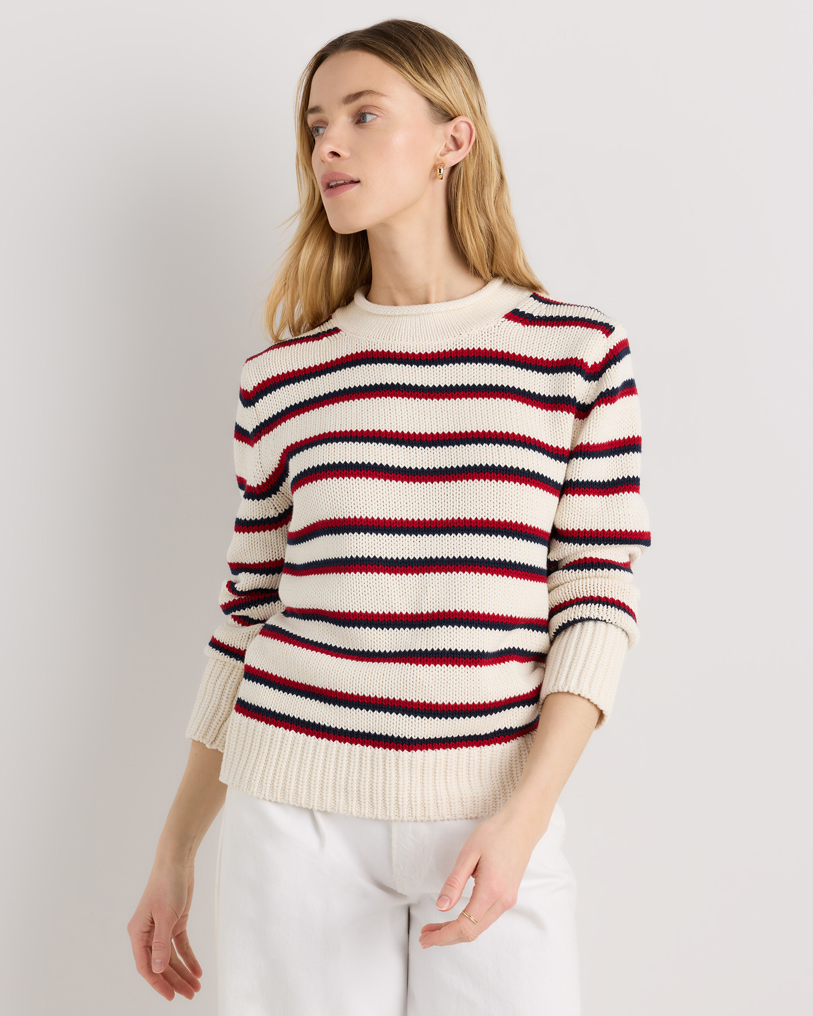Quince | Women's Roll Neck Sweater in Off White/Navy/Red Variegated Stripe, Size XL, Organic Cotton | Quince