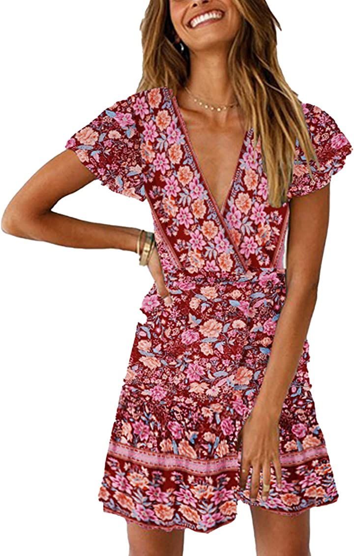 TEMOFON Women Boho Dress Summer Bohemian Wrap Dresses Floral V-Neck Short Sleeve Beach Mini Dress... | Amazon (US)