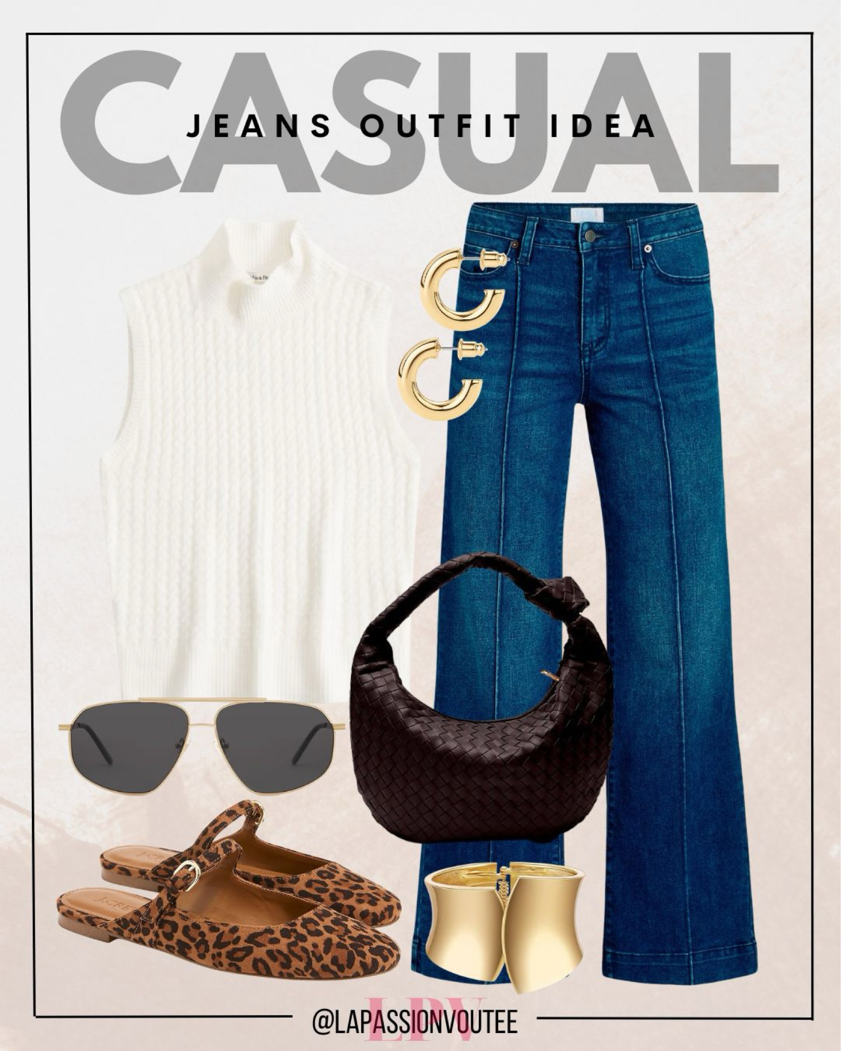 Effortlessly chic in wide-leg jeans, a sleeveless cable knit top, and hoop earrings. Paired with an eye-catching cuff bracelet, woven tote, and stylish sunglasses. Complete the look with bold animal print Mary Jane mules for a touch of playful sophistication.

#LTKFindsUnder100 #LTKSeasonal #LTKStyleTip