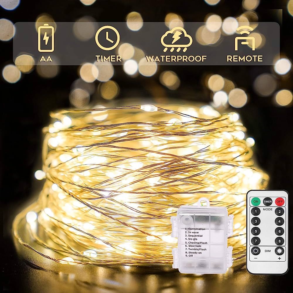 SUDDUS 33ft 100 LED Outdoor String Lights, Warm White Fairy Lights Battery Operated with Remote, ... | Amazon (US)