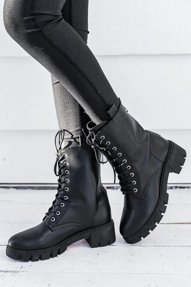 Trina Black Leather Combat Boots | Pink Lily