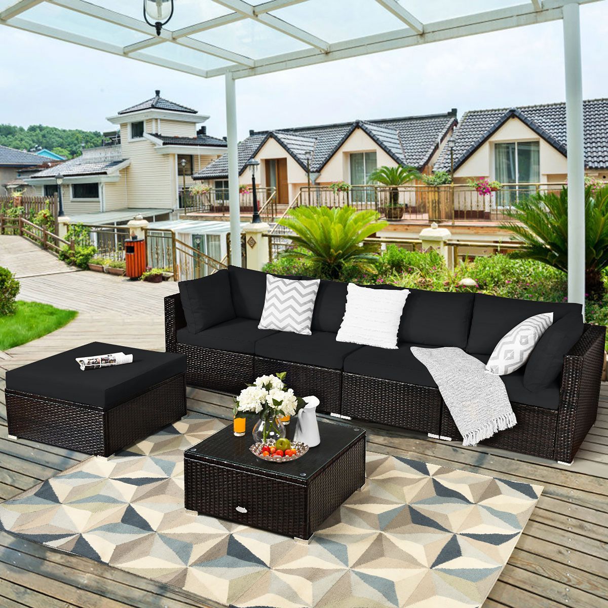Costway 6PCS Outdoor Patio Rattan Furniture Set Cushioned Sectional Sofa Navy\Black\Turquoise | Target